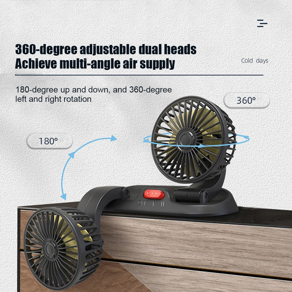 5/12/24V USB Car Cooling Fan 360° Adjustable Dual Head for front seats & back seats