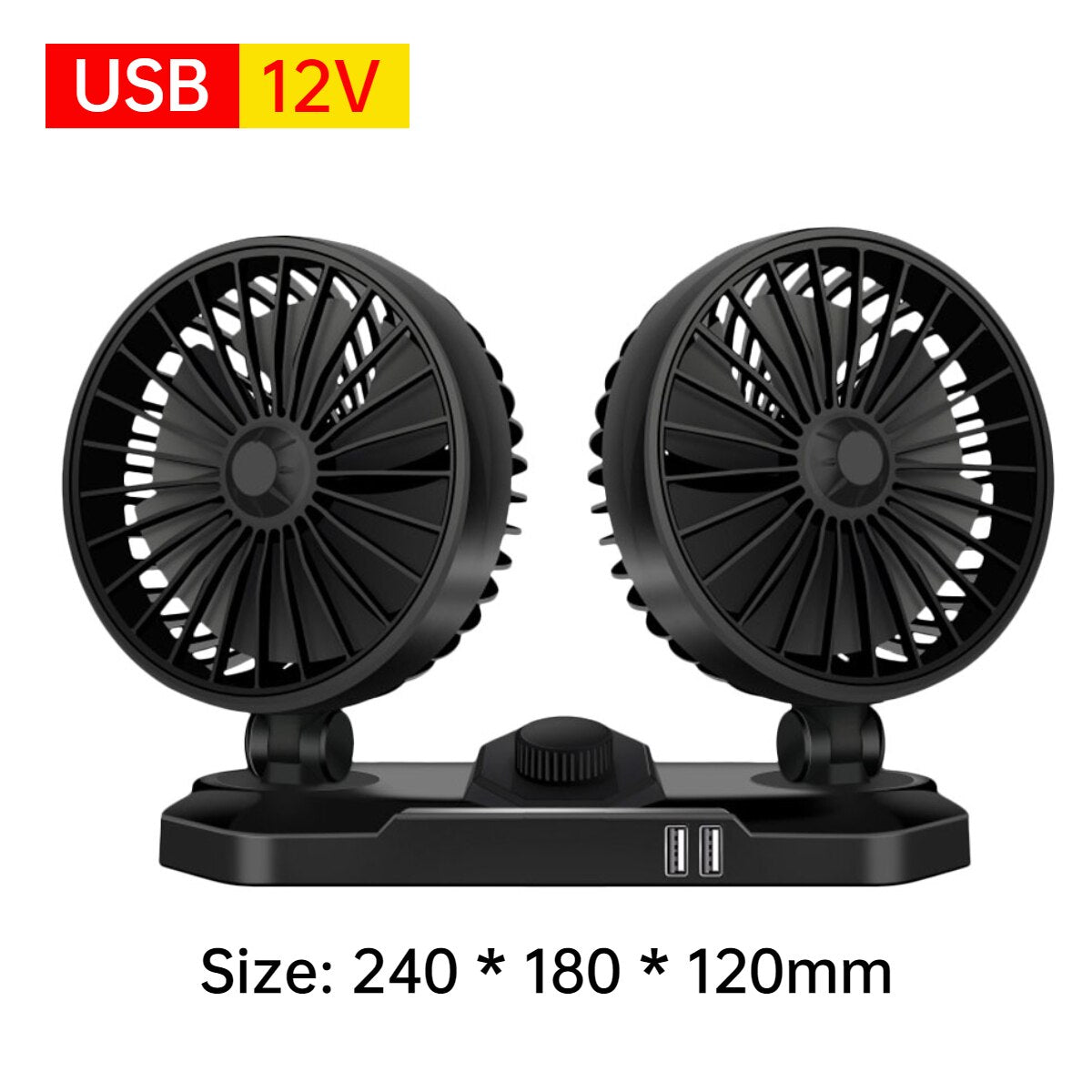 5/12/24V USB Car Cooling Fan 360° Adjustable Dual Head for front seats & back seats