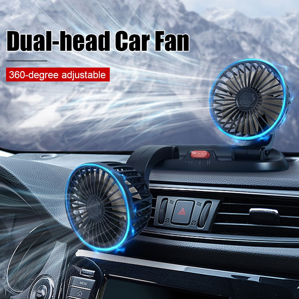 5/12/24V USB Car Cooling Fan 360° Adjustable Dual Head for front seats & back seats