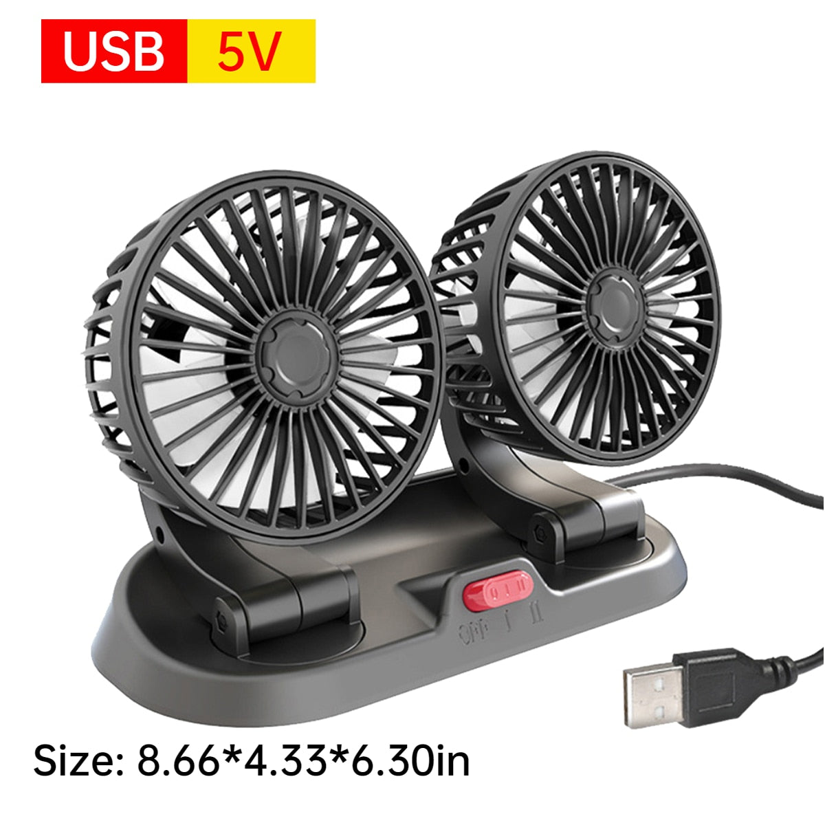 5/12/24V USB Car Cooling Fan 360° Adjustable Dual Head for front seats & back seats