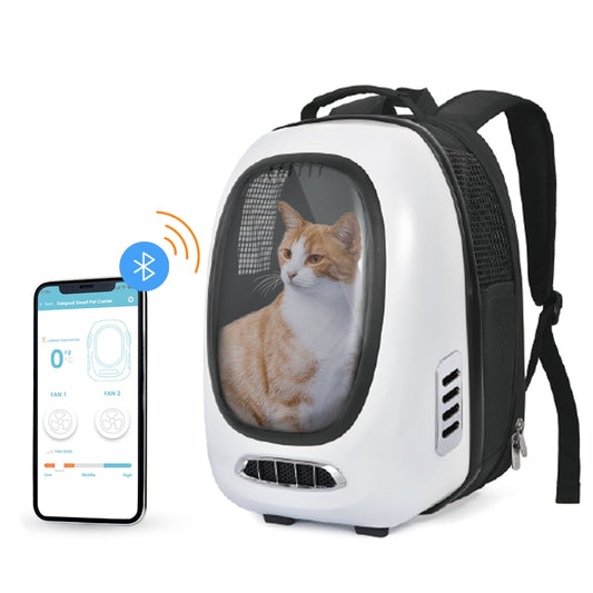 Smart Pet Carrier Backpack for Cats, Small Dogs up to 17 lbs, Intelligent Temperature Control, App- Enabled with 5V US