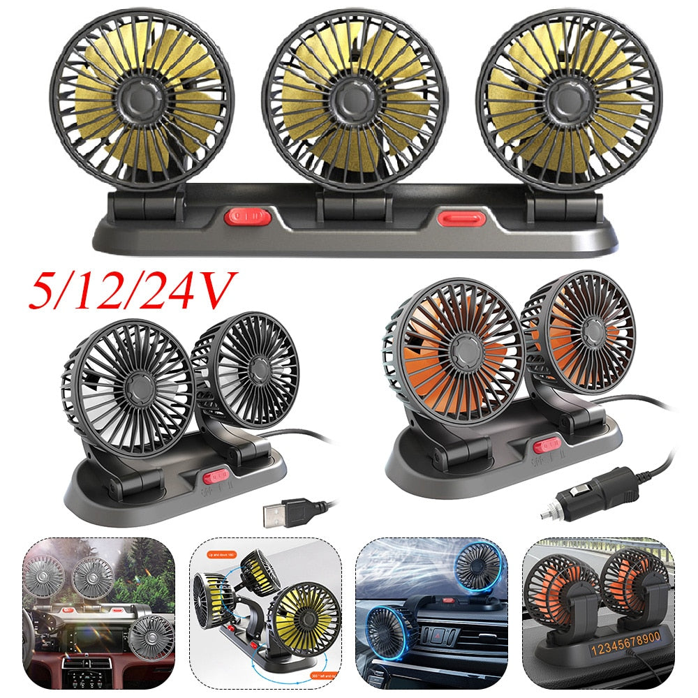 5/12/24V USB Car Cooling Fan 360° Adjustable Dual Head for front seats & back seats